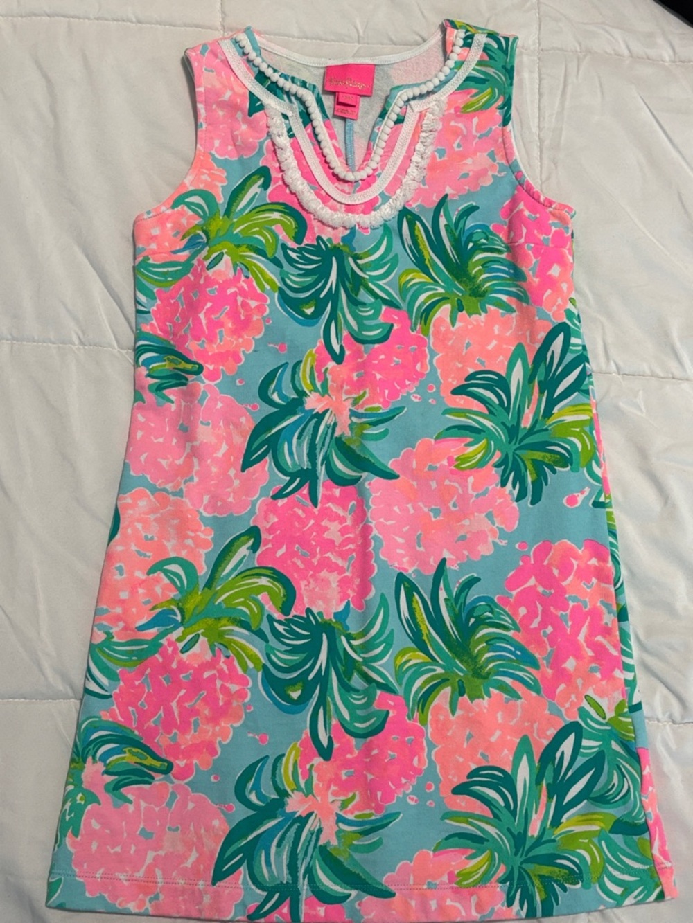 Lilly Pulitzer Pink & Aqua Tropical Beaded-Neck Shift Dress Girl size L 8/10